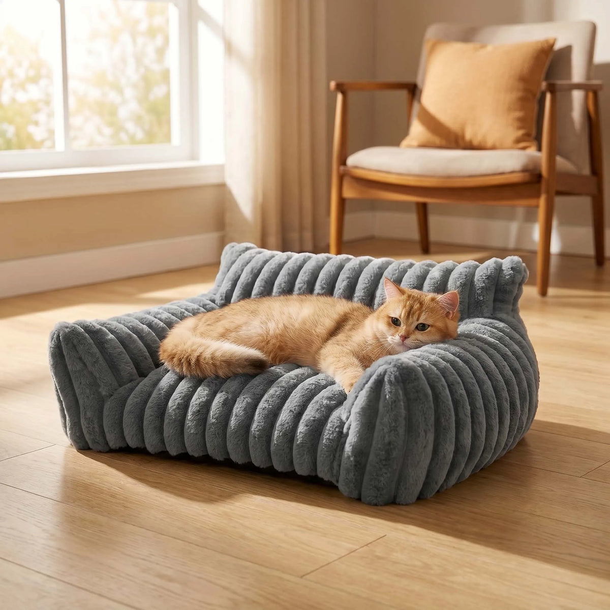 Un canapé-lit gris tricoté avec un coussin beige est placé sur un plancher en bois près d'une fenêtre.