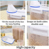 A white airtight pet food storage container with a measuring cup, showing how to tilt the box and snap on double seals.