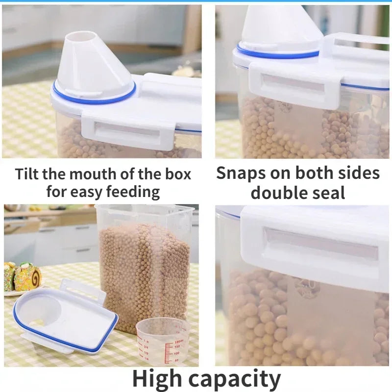 A white airtight pet food storage container with a measuring cup, showing how to tilt the box and snap on double seals.