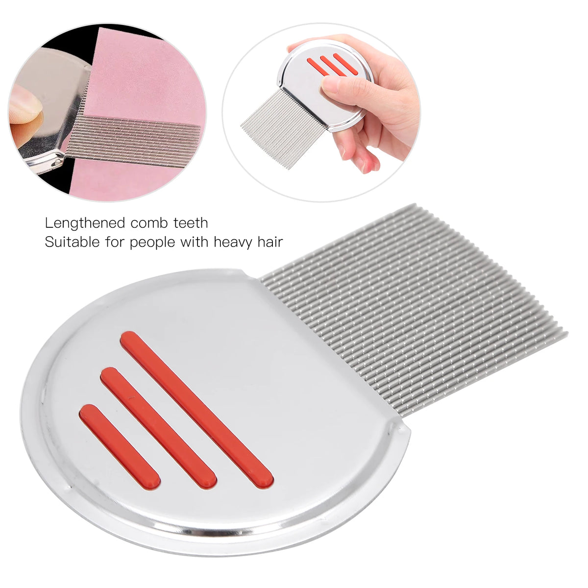 Stainless steel lice removal comb with lengthened teeth shown in various angles and usage context