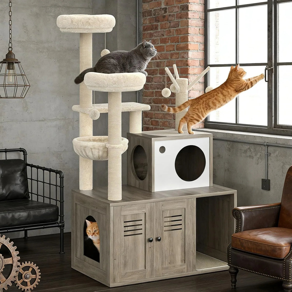 Tour pour chat en bois avec litière intégrée, plusieurs niveaux et grande fenêtre.