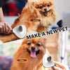 Before and after comparison showing a pet hair remover grooming brush used on a dog's fur.