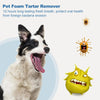 A dog smiling with foam tartar remover and a cartoon representation of bacteria.