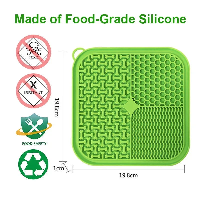 Green silicone licking mat for pets made of food-grade silicone with safety certifications