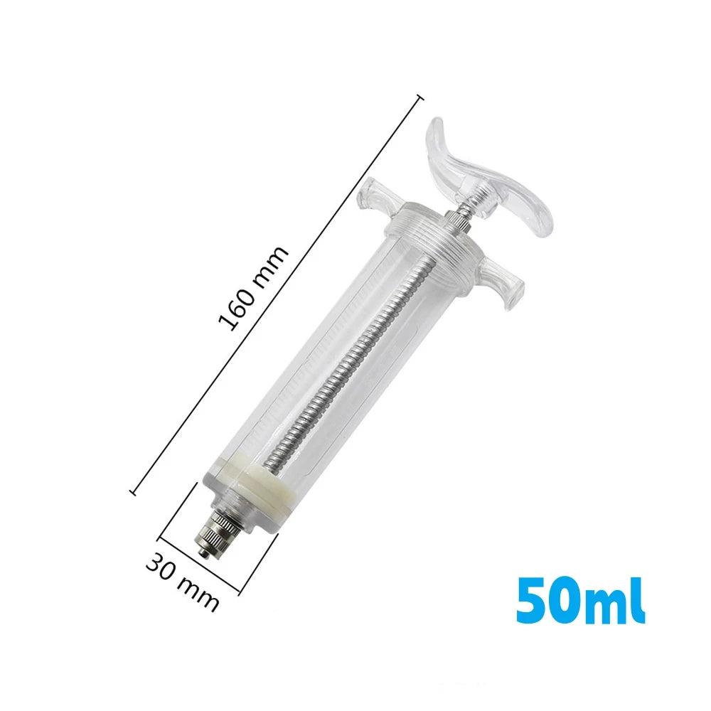 A clear plastic syringe with a stainless steel tip and markings showing 160 mm length and 30 mm diameter, labeled as a 50ml b