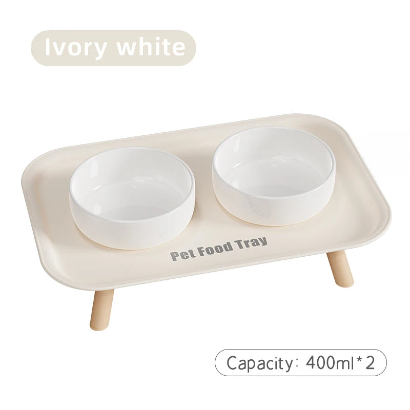 Ivory white pet food tray with two ceramic bowls, capacity 400ml each.