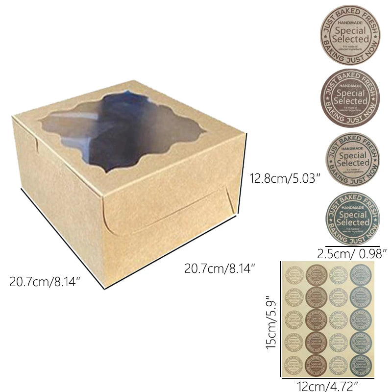 A cardboard cake box with a clear window, showing ten sealed baking selections on the side.
