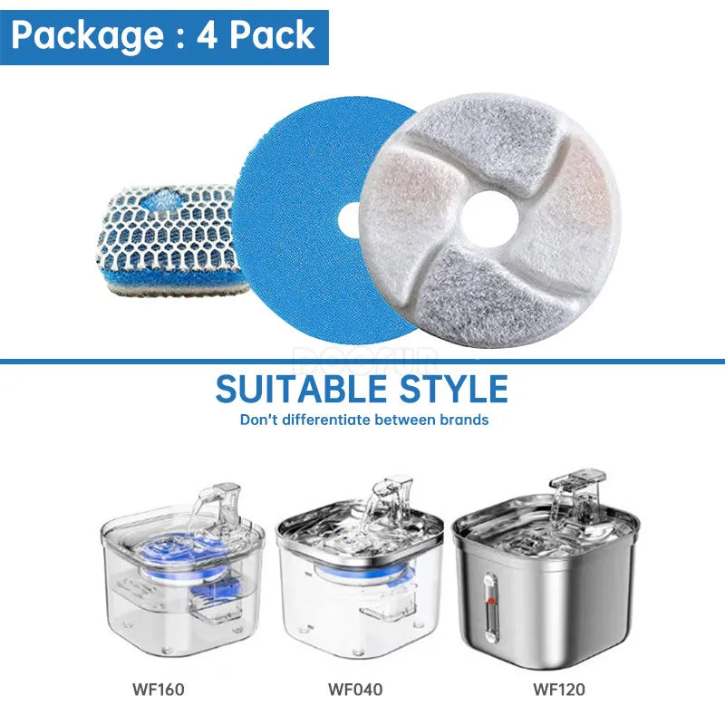 Four replacement filters for pet water fountains shown next to various stainless steel water fountain models.