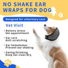 A dog is wearing a black noise reduction ear wrap designed for veterinary visits and ear care.