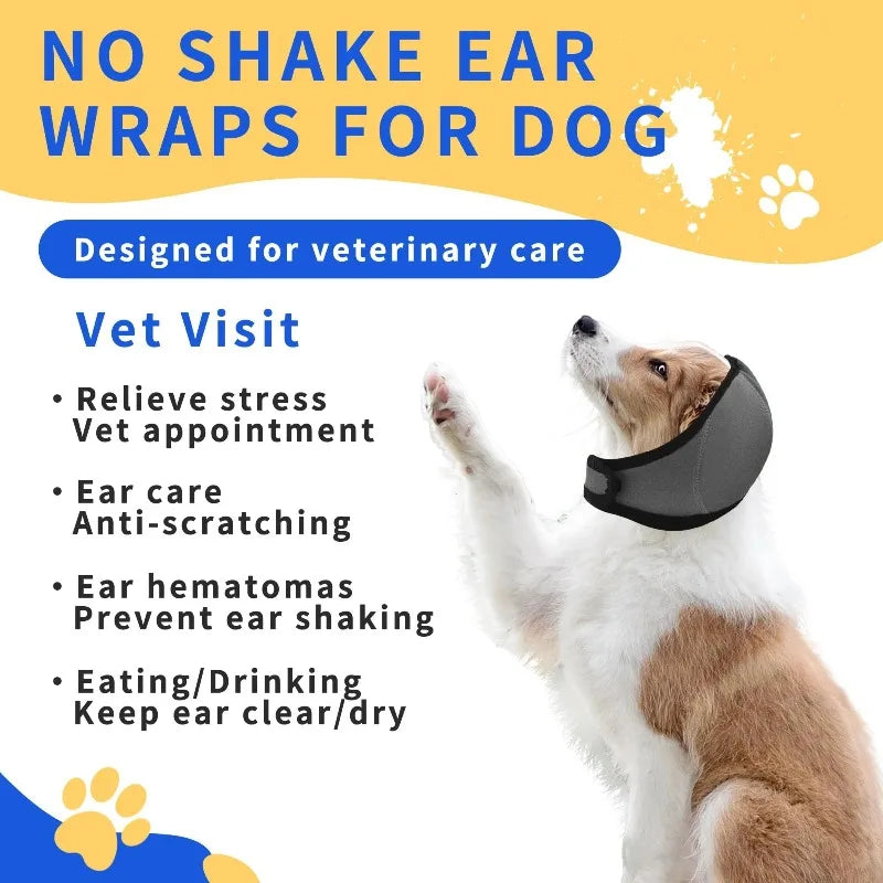A dog is wearing a black noise reduction ear wrap designed for veterinary visits and ear care.