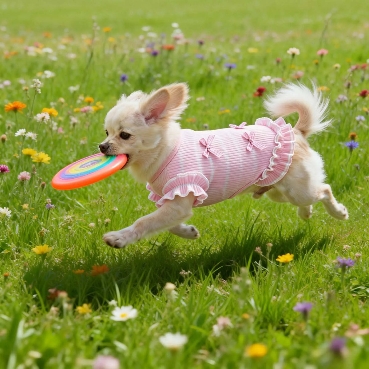 A small white dog wearing a pink striped bow suit is leaping through green grass and holding an orange frisbee.
