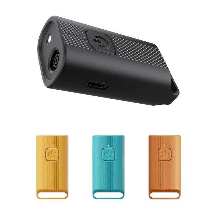 A black portable ultrasonic dog repeller device shown in three color variations: yellow, teal, and orange.