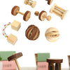 Various natural wooden chew toys and accessories for small rodents, including rods, rings, and chew blocks.