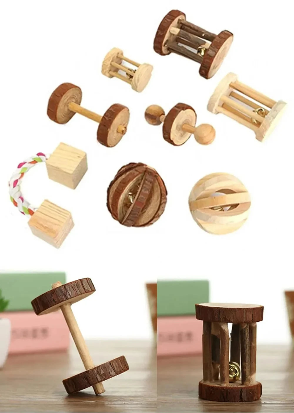 Various natural wooden chew toys and accessories for small rodents, including rods, rings, and chew blocks.