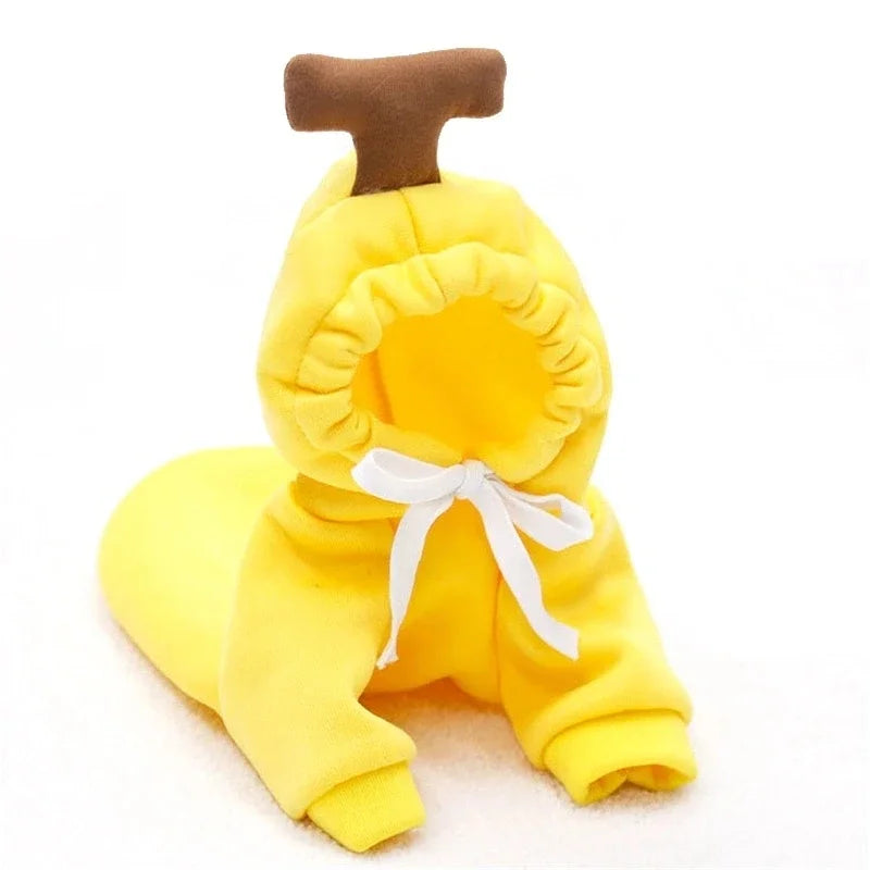 Sudadera para perro con estampado de fruta amarilla y detalle de asa marrón.
