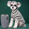 A small, fluffy dog wearing a gray V-neck knit vest with black trim against a dark green background.