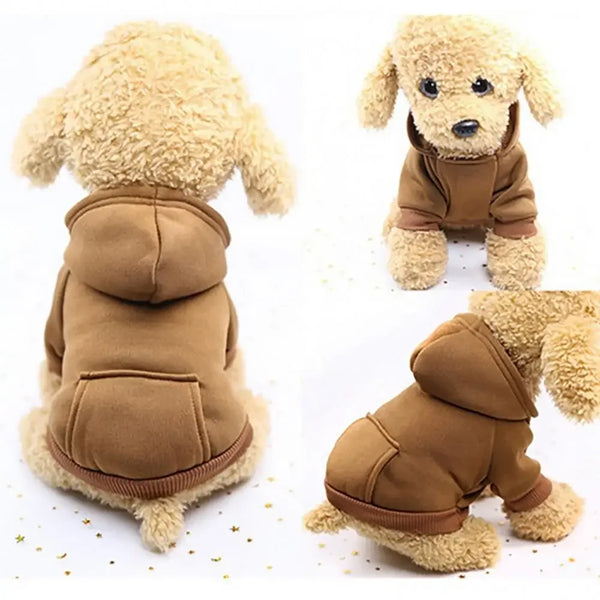 A tan fluffy dog wearing a brown hooded sweatshirt.