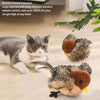 A fluffy bird toy is shown next to a domestic cat, demonstrating a long-distance remote control function.
