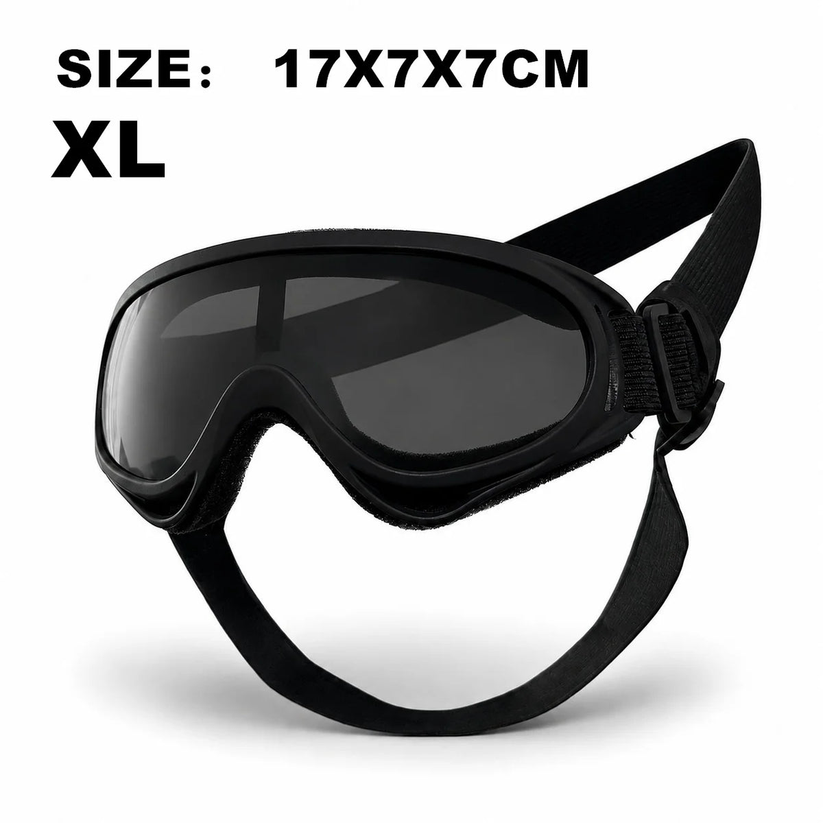 Black XL adjustable pet goggles with a strap shown against a white background.