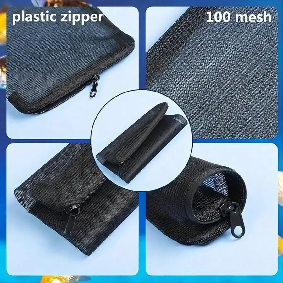Black reusable mesh filter bags with plastic zippers shown in various angles