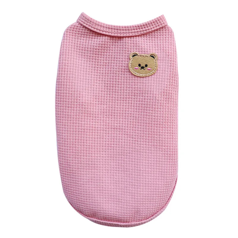 Pink knitted pet shirt for small dogs or cats with a cute bear patch