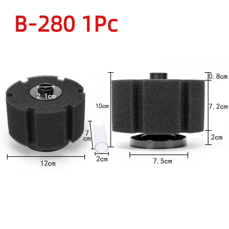 Filtre biologique noir en éponge pour pompes à air d'aquarium, mesurant 12 cm de long et 7,5 cm de large.