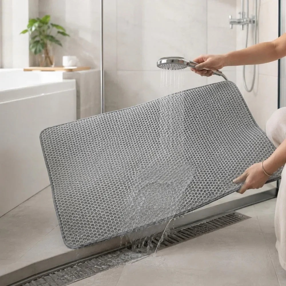 A hand is pouring water onto an extra-large double-layer cat litter mat with a honeycomb texture in a bathroom setting.