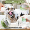 A dog is being bathed with a green pet bath brush that dispenses shampoo foam.
