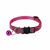 A pink reflective cat collar with a black buckle and a silver bell attached.