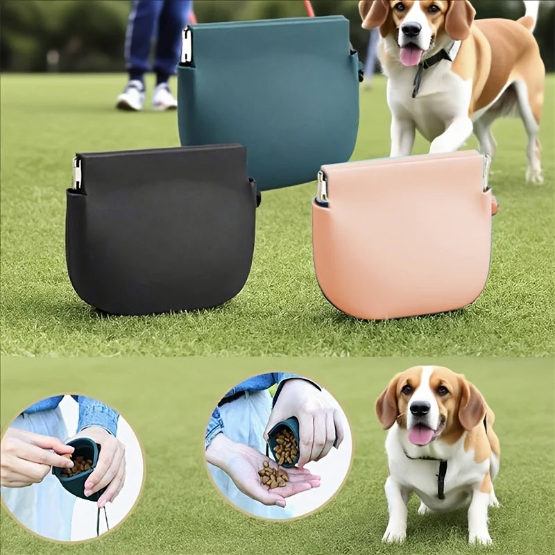 Three portable silicone dog treat pouches in black, teal, and pink next to a dog.