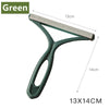 A green portable lint and pet hair remover brush with dimensions 13cm by 14cm.