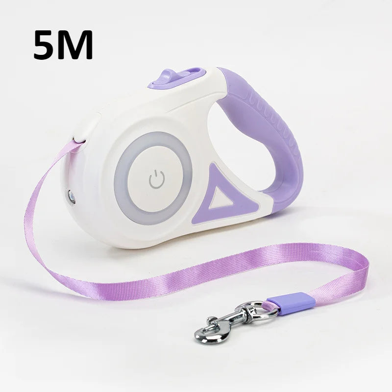 White and purple retractable LED dog leash with a glowing strip shown against a white background.