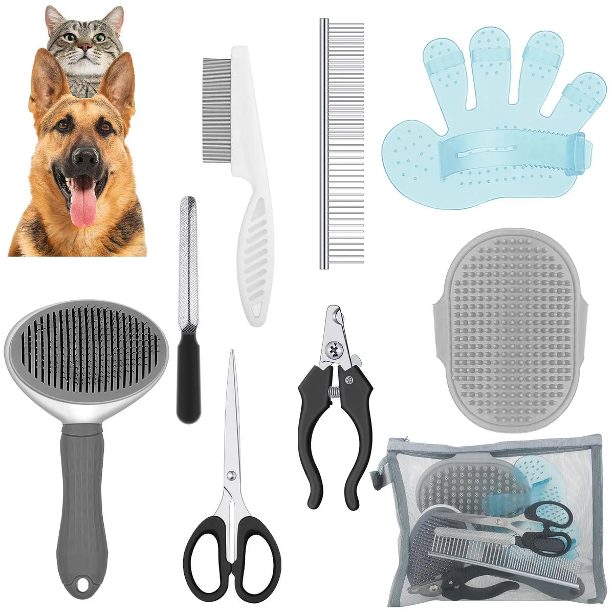 Multi-Tool Haustier-Grooming-Set mit Hunds- und Katzenköpfen sowie verschiedenen Werkzeugen wie Bürsten und Scheren
