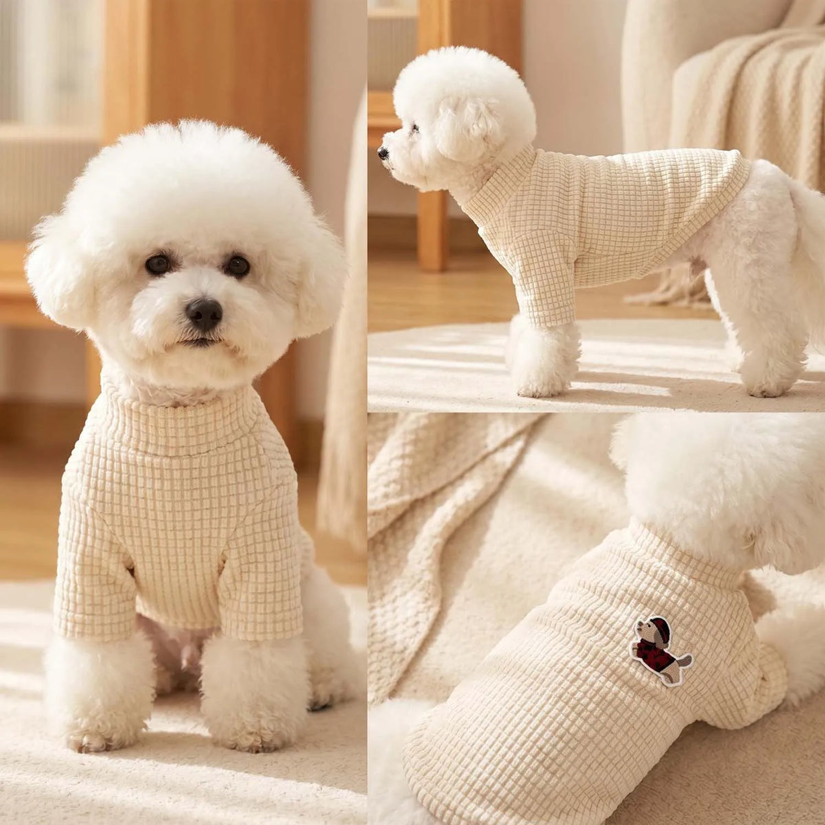 Un perro de dibujos animados blanco y esponjoso vistiendo un suéter de punto waffle color beige claro.