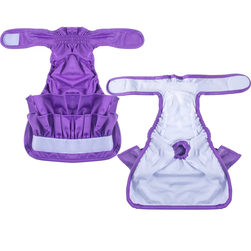 Reusable washable dog diapers for female dogs in purple and white
