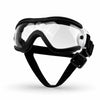 A pair of black adjustable pet sunglasses for dogs with clear lenses and a black strap.
