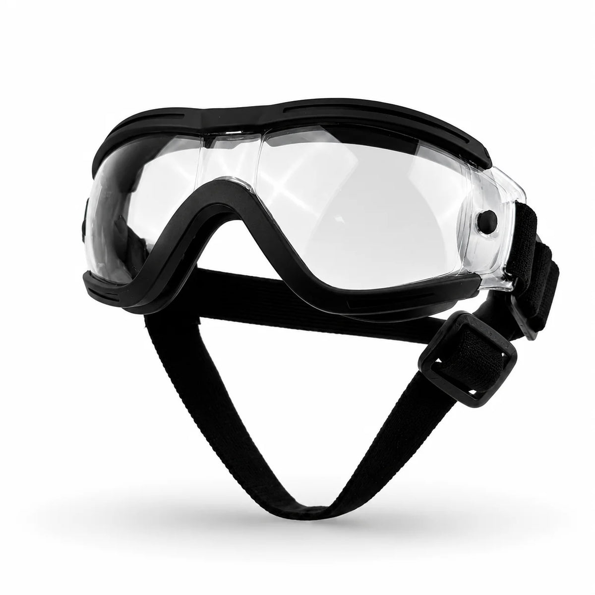 A pair of black adjustable pet sunglasses for dogs with clear lenses and a black strap.