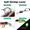 A collection of soft shrimp lures including a sharp hook, sturdy swivel, attractive feelers, and luminous lures.
