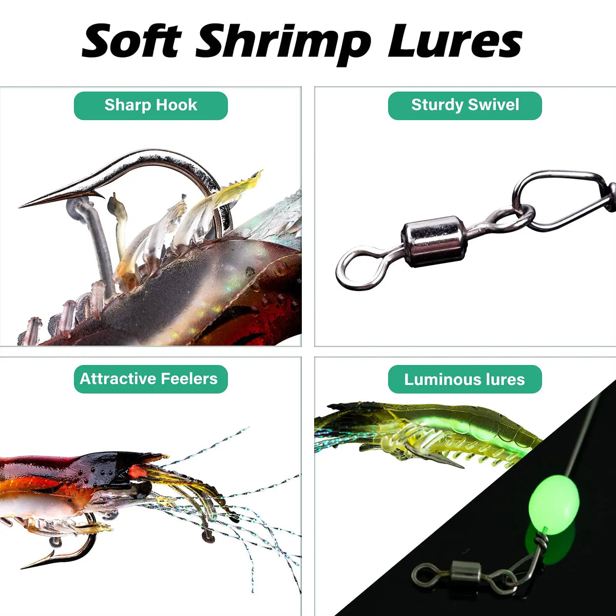A collection of soft shrimp lures including a sharp hook, sturdy swivel, attractive feelers, and luminous lures.