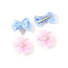 Two light blue gingham bow clips and two pink fabric flower clips for pet grooming.