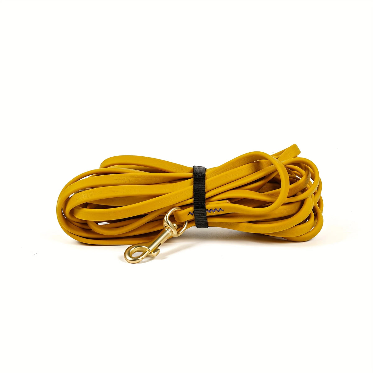 Yellow heavy-duty waterproof dog leash coiled and attached to a gold-colored clip.