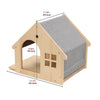 A wooden wall mounted cat climbing shelf featuring an arched entrance and a slanted roof.