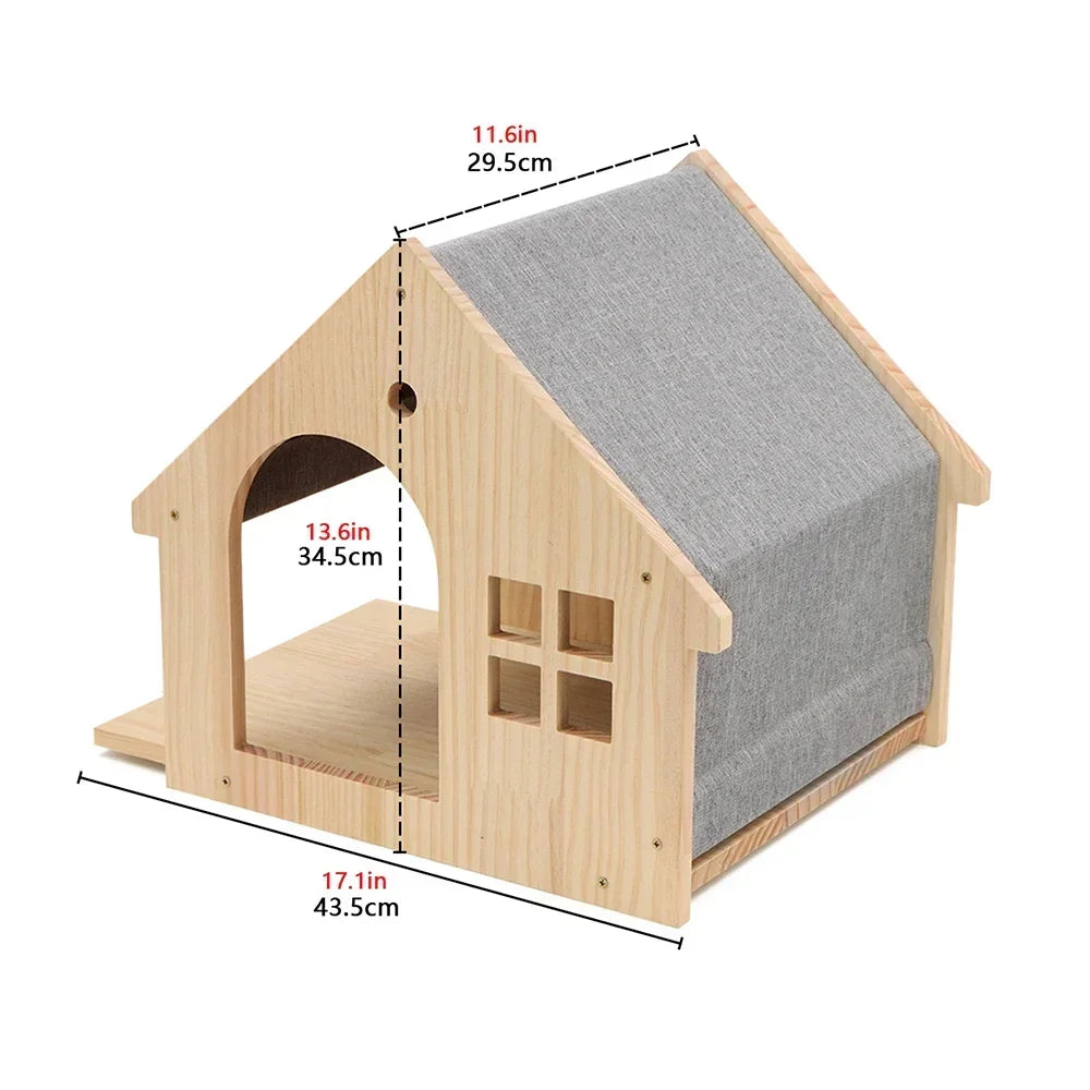 A wooden wall mounted cat climbing shelf featuring an arched entrance and a slanted roof.