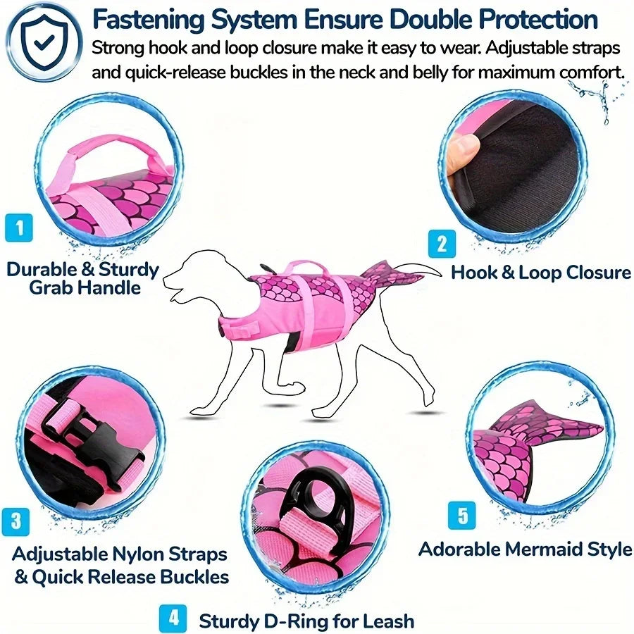 Chaleco salvavidas para perro rosa y morado con cierre de velcro, correas ajustables y aro D resistente para correa.