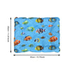 Blue self-cooling pet mat with a leakproof cover featuring various colorful fish designs.