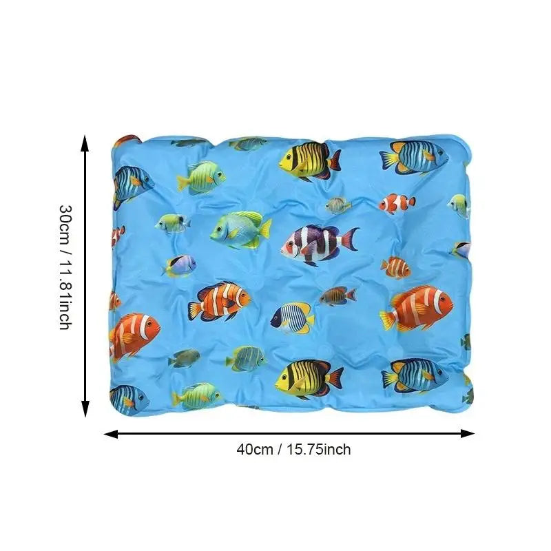 Blue self-cooling pet mat with a leakproof cover featuring various colorful fish designs.