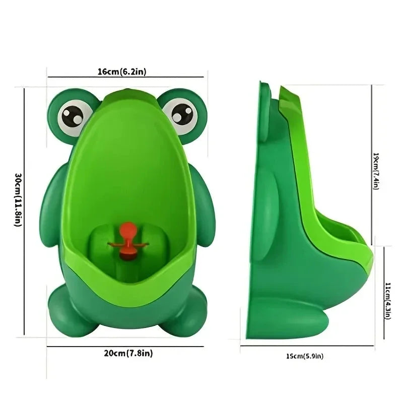 Entrenador de entrenamiento para el inodoro en forma de rana verde para niños, visto de frente y perfil.