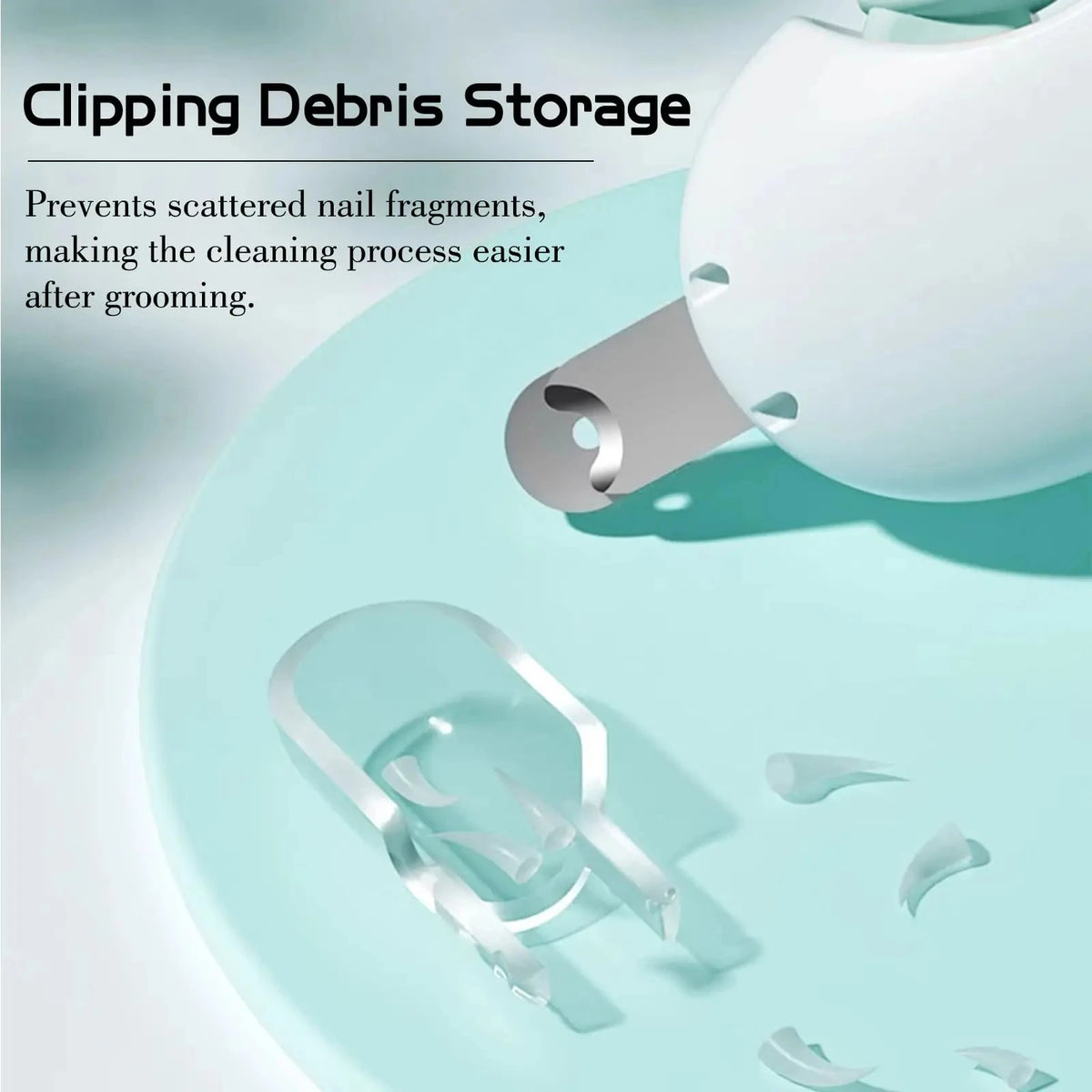 A white pet nail clipper is shown next to scattered nail fragments on a light blue surface.