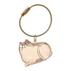 A clear, heart-shaped cat charm attached to a gold-colored cord keychain.