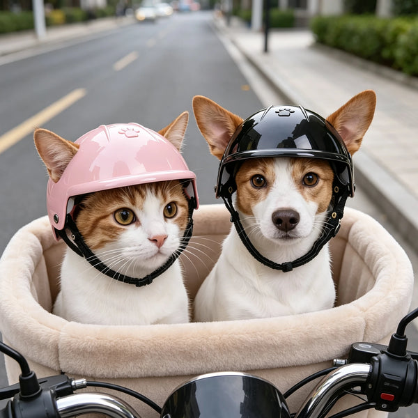 Two cats wearing adjustable pet safety helmets sitting in a light-colored basket.